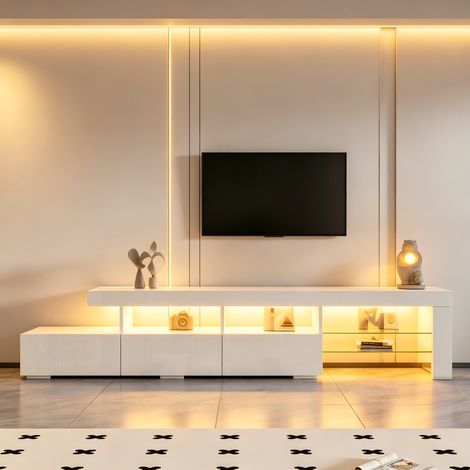 Meuble TV LED 180x35x45cm avec 3 tiroirs et 7 compartiments Meuble TV rectangle bas façade brillante-Panneau de particules MDF Blanc (1/5)