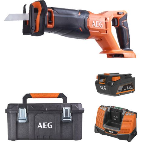 Confezione AEG 18V - Sega a nastro 28 mm - Batteria 4,0 Ah - Caricabatterie - Cassetta di custodia