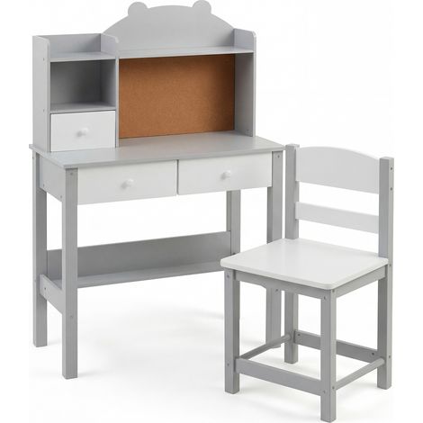 COSTWAY Kids Study Desk and Chair Set with Hutch Drawers and Bulletin Board Grey (1/5)