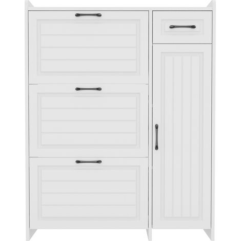 Zapatero moderno blanco con 3 abatibles, cajón, puerta y baldas regulables, 92x24x121 cm (1/5)