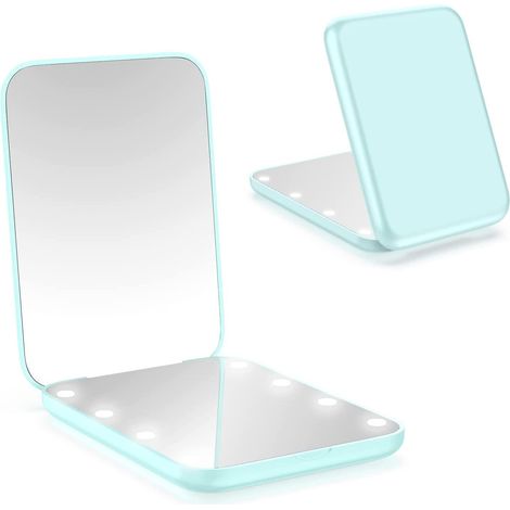 Miroir pliant lumineux avec grossissement cyan, miroir de voyage rond et portable pour sac à main et poche (1/5)