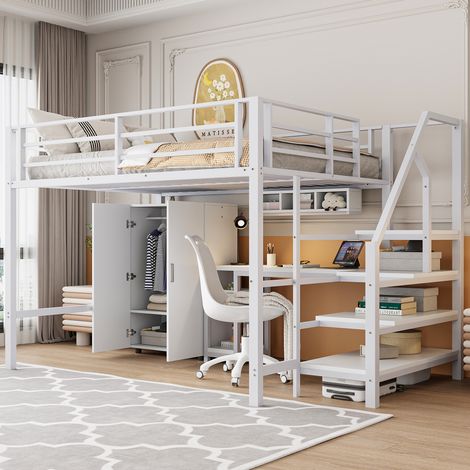 Cama alta infantil con armario escritorio blanco OKMYHOME (1/5)