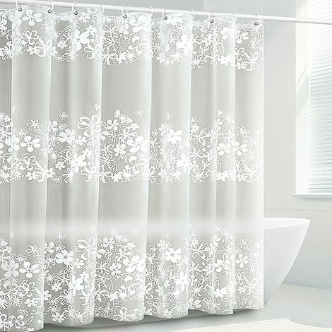 Rideau de douche 180x180cm rideau de douche en PEVA imperméable et résistant à la moisissure avec 12 anneaux de rideau rayures blanches (1/5)