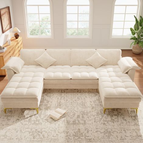 U-förmiges Ecksofa 262x134x86 cm aus Chenille Beige, 4-Sitzer, platzsparend – MEUBLIV (1/5)