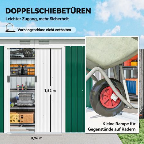 Abri de jardin métallique 6,3m³ 280x130x172cm Remise avec toit en pente Porte coulissante Résistant aux intempéries Abri extérieur pour jardin Cour Arrière Gris anthracite, Vert foncé (1/4)