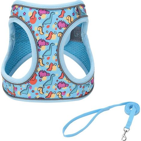 1 harnais chien motif dinosaure, bleu, ajustable, respirant, pour chiot et éducation