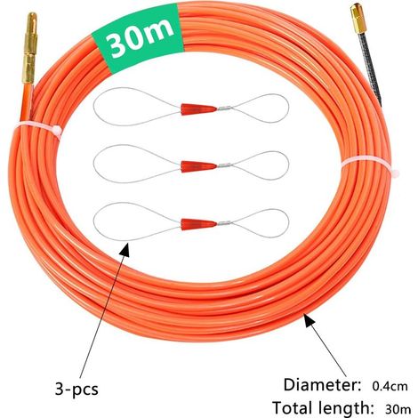 30 m Elektrikernadel, Kabelzieher aus Nylon, φ4 mm Kabelzieher mit 3 flexiblen Führungsköpfen, Kabelzieher zum Einfädeln von Elektrokabeln, Kabelzieher (Orange) (1/5)