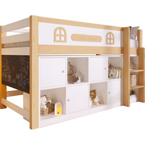 Lit mi-hauteur 90x200 cm avec tableau noir, rangements intégrés et échelle, sans matelas, structure bois et MDF blanc + naturel - CHICFURN (1/5)