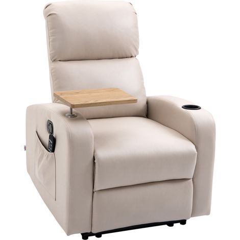 Fauteuil relax inclinable avec massage, table pivotante et télécommande, revêtement synthétique beige (1/5)