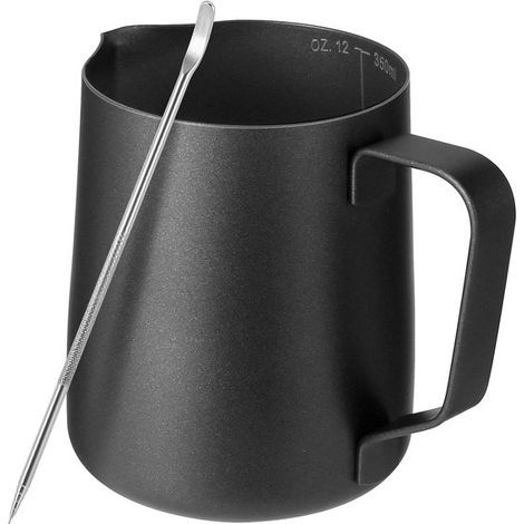 Milchkännchen mit Latte-Dekorationsstift schwarze Teflonbeschichtung 350 ml Edelstahl 304 Milchaufschäumer Kanne Barista-Zubehör aus Metall für (1/5)