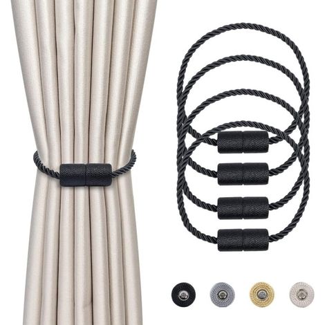 CSPARKV 4 Pièces Magnétiques Embrasses de Rideaux Noir Tressées Boucle de Rideau Aimanté Attache Rideau Corde de Rideau de 47 cm - Accessoires de Rideaux pour la Décoration de la Maison (1/5)