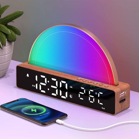 Lichtwecker, Sonnenaufgangssimulationslampe, Schlummerfunktion/6 Alarme/10 Schlafgeräusche/Timer/Temperaturanzeige, Stimmungslicht mit 7 wechselnden Farben, Ladeanschluss [Klasse E] (1/4)