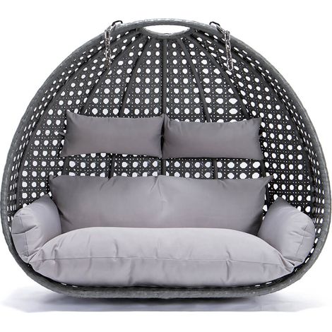 Home Deluxe – Fauteuil suspendu en poly rotin – Convient pour 2 personnes – Résistant aux intempéries – Coussins gris inclus – Panier 145 x 74 x 126 cm