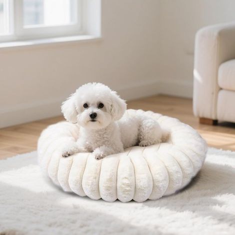 Lit pour animaux de compagnie luxueux et confortable en fausse fourrure de lapin - avec un fond antidérapant (50 cm - blanc - doux et confortable (1/5)
