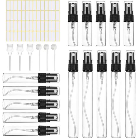 15er-Packung nachfüllbarer Parfümzerstäuber, Reise-Parfümzerstäuber, Glas-Sprühflaschen für Parfümproben, Kosmetiksprays (3 ml, 5 ml, 10 ml), schwarz