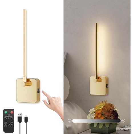 Led Applique murale Intérieur avec Batterie Sans Fil, 3W 3000K Lampe murale avec Télécommande, 5000mAh avec USB-C, 350°Tournant avec Dimmable et Fonctions de Timing, pour Salon, Laiton (1/5)