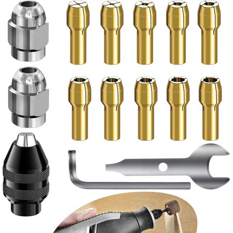 26PCS Mandrin Compatible 1/32 à 1/8 pour Mini Perceuse, Accessoires pour Outil Rotatif, Kit Sans Clé avec Pinces en Laiton, Écrous Métalliques et Outils pour Gravure, Ponçage et Polissage (1/5)
