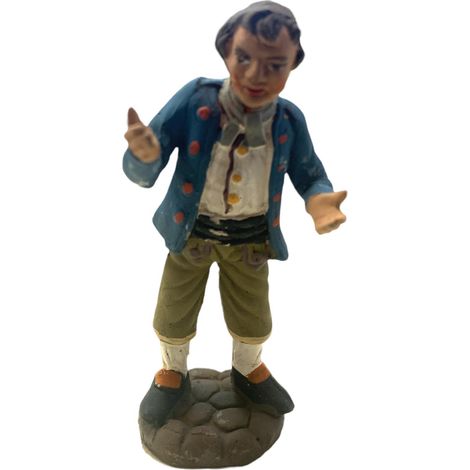 Pastore con giacca blu statuetta in terracotta artigianale per presepe napoletano da h 10 cm