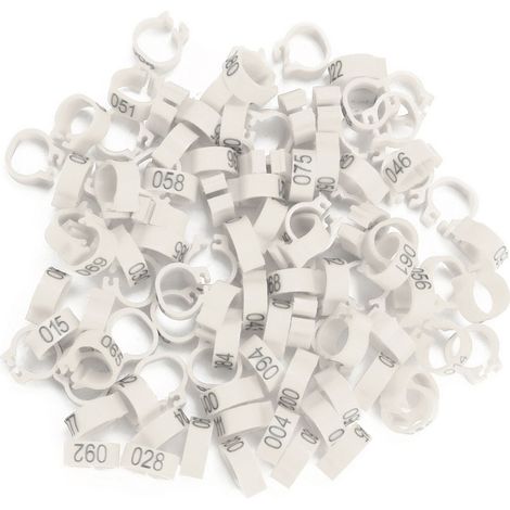 100 bagues numérotées en plastique blanc de 8 mm (001-100) pour pattes de pigeon (100 pièces/sachet). (1/5)