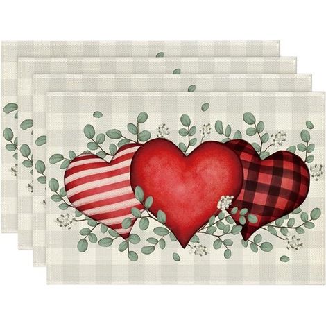 Juego de 4 manteles individuales de San Valentín de 30 x 45 cm (12 x 18 pulgadas), Cuadros, eucalipto y corazones, bodas y comedores (1/5)