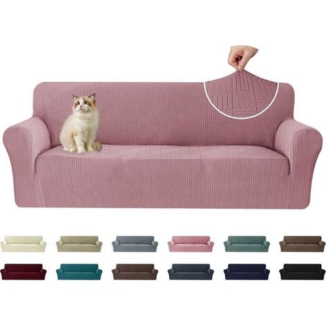 1 Housse Canapé 3 Places, Extensible, Polyester, Antidérapante, Protection Animaux, Rose (1/5)