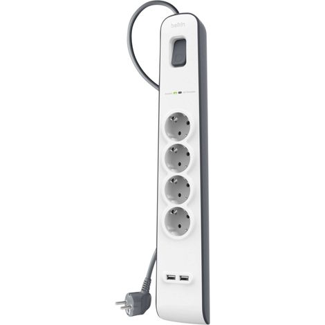 Belkin Regleta de enchufes con 4 tomas y 2 puertos USB-A (2,4 A) con protección contra sobretensiones, 525 julios, ladrón, cable de 2 metros, base múltiple con protección eléctrica, hogar y oficina