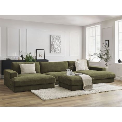BOBOCHIC - Canapé panoramique fixe compact LEONARD tissu texturé avec pouf   Vert (1/5)
