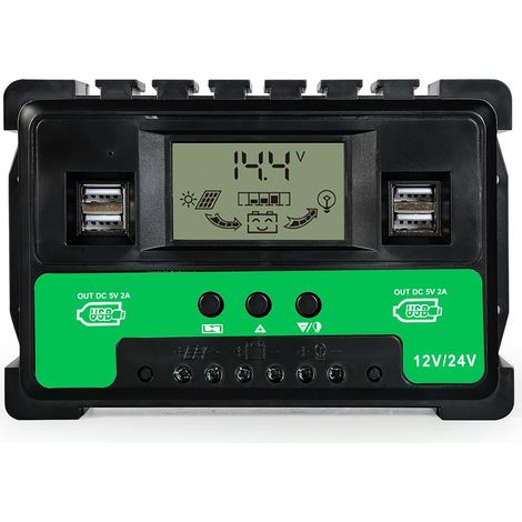 Régulateur solaire MPPT, contrôleur de charge solaire MPPT 12V/24V, régulateur de panneau solaire avec écran LCD, 4 ports USB, identification automatique pour batterie au plomb (60A) (1/5)