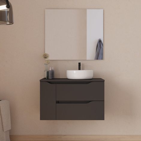 Meuble de salle de bain 80cm avec plateau, vasque à poser déportée à droite Ares et miroir - 2 tiroirs et un placard - noir - ZARZA