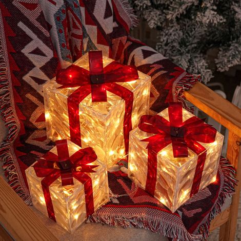 Ensemble de 3 boîtes cadeaux lumineuses pour Noël, décorations transparentes avec éclairage blanc chaud et nœuds rouges – idéal pour sapin, jardinière, maison et extérieur (1/5)