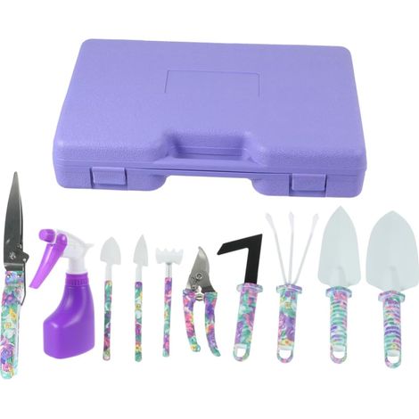 10pièces Kit Outils de Jardin avec Étui de Rangement Comprend Pelle Ciseaux Herse et Arroseur Antirouille pour Plantes Pot et Massifs de Fleurs