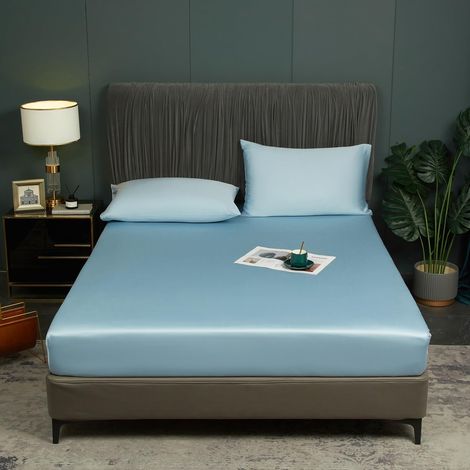 Drap Housse en Bambou Lyocell 160x200cm Bleu Clair Boxspring Frottee Surmatelas Motif Fibre de Bambou Housse de Couette Drap Housse Uni pour Matelas Haut jusqu'à 25-30 cm (1/5)