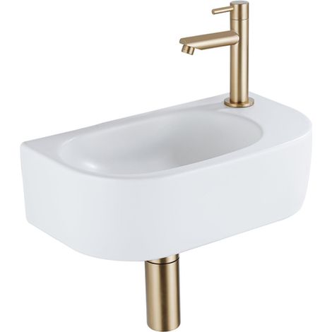 QeramiQ Fuente Ensemble de lavabo - 40x21.5x12cm - droit - lisse - demi-rond - 1 trou de robinet - céramique - robinet de lavabo laiton brossé - bonde (1/5)