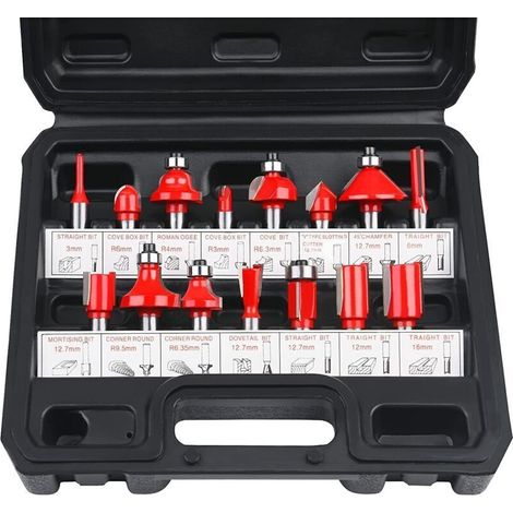 Fraises Defonceuse 6.35mm, Coffret de 15 Fraises à Rainurer Droites, Coupe-outils pour Travail Bois à Pointe en Carbure de Tungstène, Mèches à Bois Professionnelles, Tige Forets en Acier Forgé (1/4)