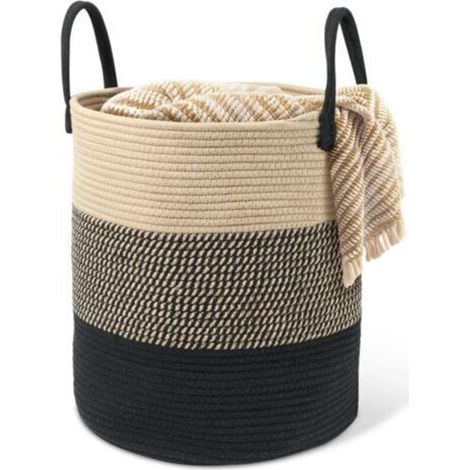 Cesto portabiancheria in cotone intrecciato - 45 L - Con manico - Cesto portabiancheria intrecciato - Cesto portaoggetti per cameretta, bagno - 35 x 40 cm - Beige e nero (1/5)