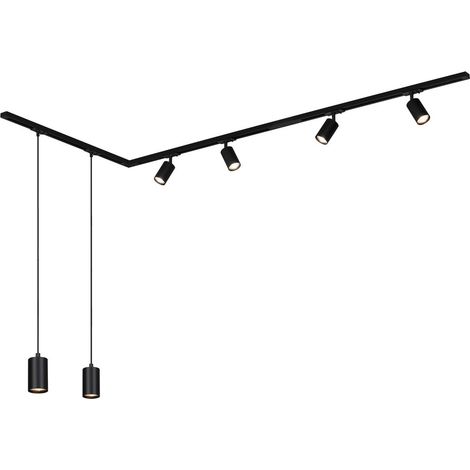 Briloner Rail Schienensystem, Komplettset, 4x GU10 Spots, 2x GU10 Pendel, Schwenkbar, L-Form, Schwarz, 2,25 m