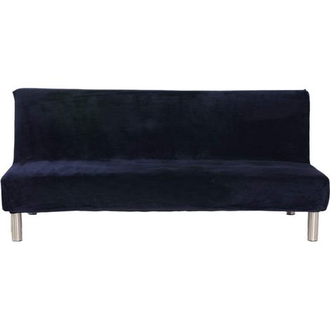Housse de canapé sans accoudoirs en velours - 3 places - Pour l'hiver - Housse de canapé et de lit - Couleur unie - Antidérapante - Extensible - Convient pour canapé-lit pliant, Bleu Foncé (1/5)