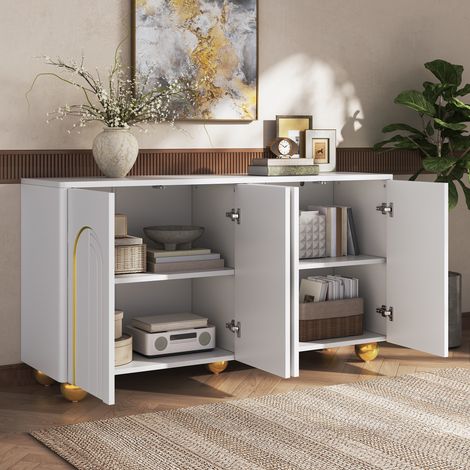Buffet bas 4 portes, 140x40x74 cm,Meuble de rangement pour salon salle à manger et entrée, art déco avec arches dorées et pieds boules en métal, Blanc (1/5)