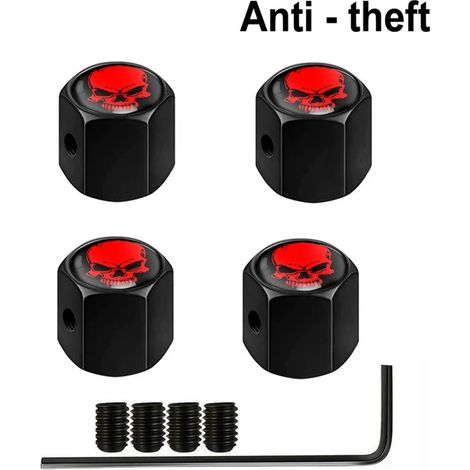 (Crâne noir et rouge) 4 bouchons de valve antivol pour pneus de voitures, camions et motos. Bouchon de valve en forme de doigt d'honneur, joint anti-poussière et verrouillage étanche. (1/5)