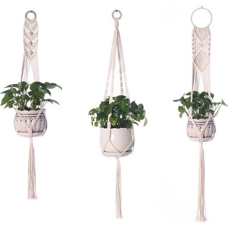 Lot de 3 suspensions pour plantes en corde de coton – Support de pot de fleurs style bohème macramé – Cache-pot suspendu tressé pour intérieur et extérieur, balcon, plafond et mur (1/5)