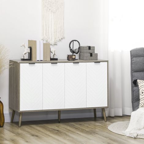 Buffet bas meuble de rangement 2 placards 4 portes motif chevrons étagères réglables 120 x 35 x 77,4 cm blanc et gris