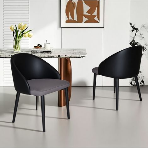 Juego de 2 sillas de comedor ergonómicas, respaldo de piel sintética negra, asiento de malla gris, metal (1/5)