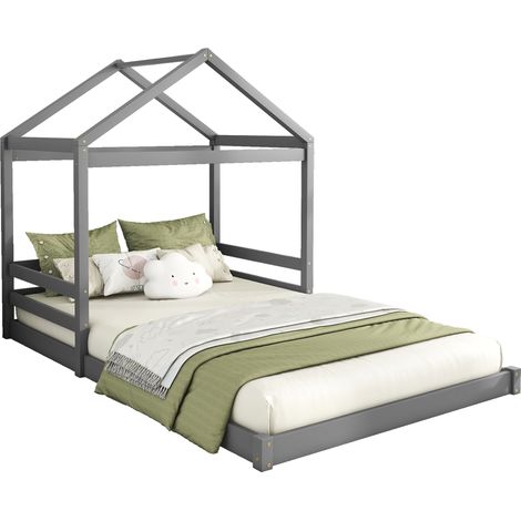 CHICFURN Cama casita infantil 140x200 cm de pino y MDF gris, somier de lamas, sin colchón (1/5)