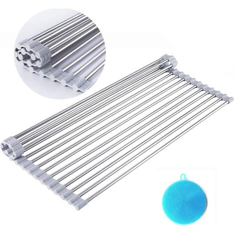 Scolapiatti arrotolabile sopra il lavello, scolapiatti pieghevole multiuso in acciaio inox, extra large