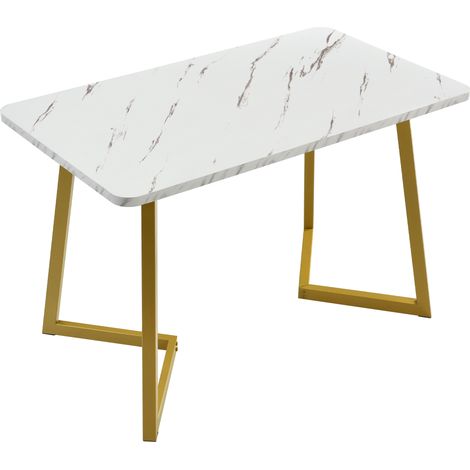 Table à manger 117x68cm, (1 pièce), structure en métal, table rectangulaire moderne à motif marbre avec pieds en métal pour salle à manger et salon, blanc, doré/blanc (1/5)