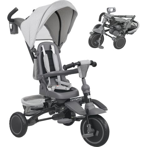 Tricycle bébé évolutif 6 en 1, tricycle enfant pliable avec poignée parentale réglable, siège pivotant 360°, gris