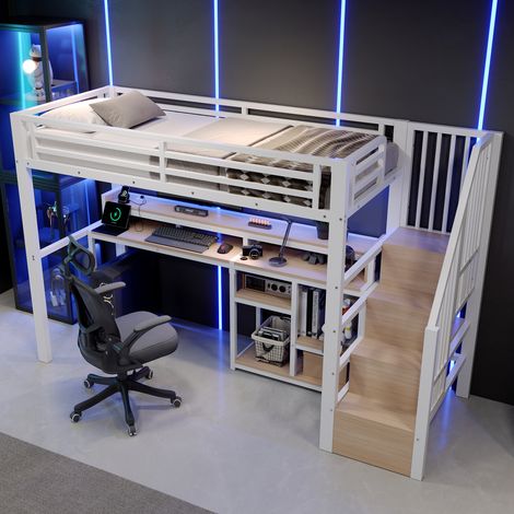 Lit mezzanine 90x200 cm – avec escalier rangement led usb et étagères – métal et mdf – blanc (1/5)