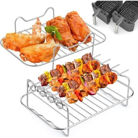 Accessoires pour Friteuse en Acier Inoxydable 304. Support Multifonction Double Couche avec Brochette Compatible avec Ninja Foodi AF300EU / AF400EU. Accessoire pour Air Fryer Friteuses à Double Panier (1/5)