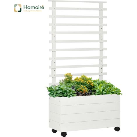 HOMAIRE Pflanzkasten en bois naturel blanc avec treillis de support et roulettes pour plantes grimpantes, dimensions 76 x 30 x 155 cm, idéal pour le jardin