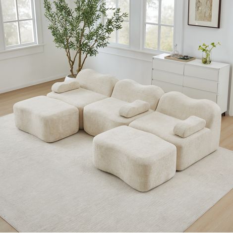 Divano modulare a U 3 posti senza struttura con 2 ottomani, velluto beige, 288 cm (1/5)